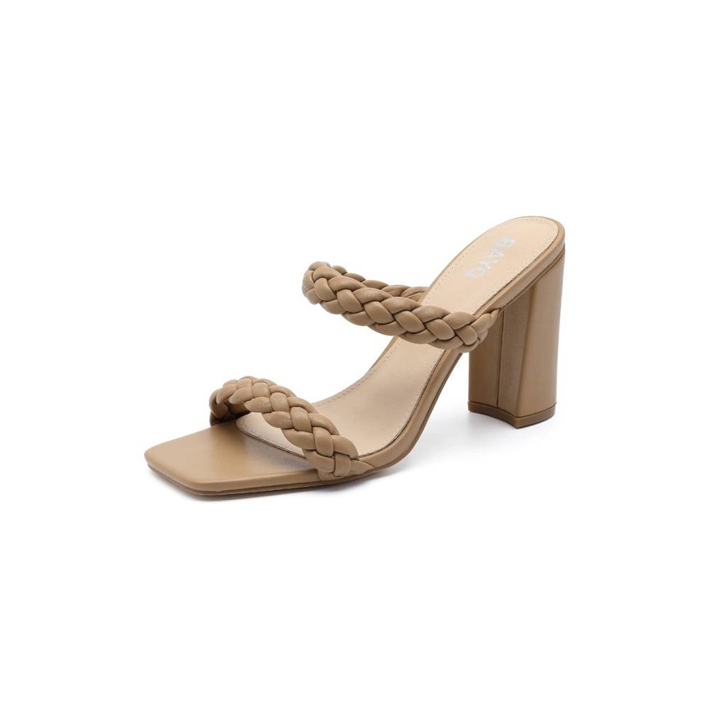 Braided Tan Block Square Toe Heel Strappy Sandals Slip On